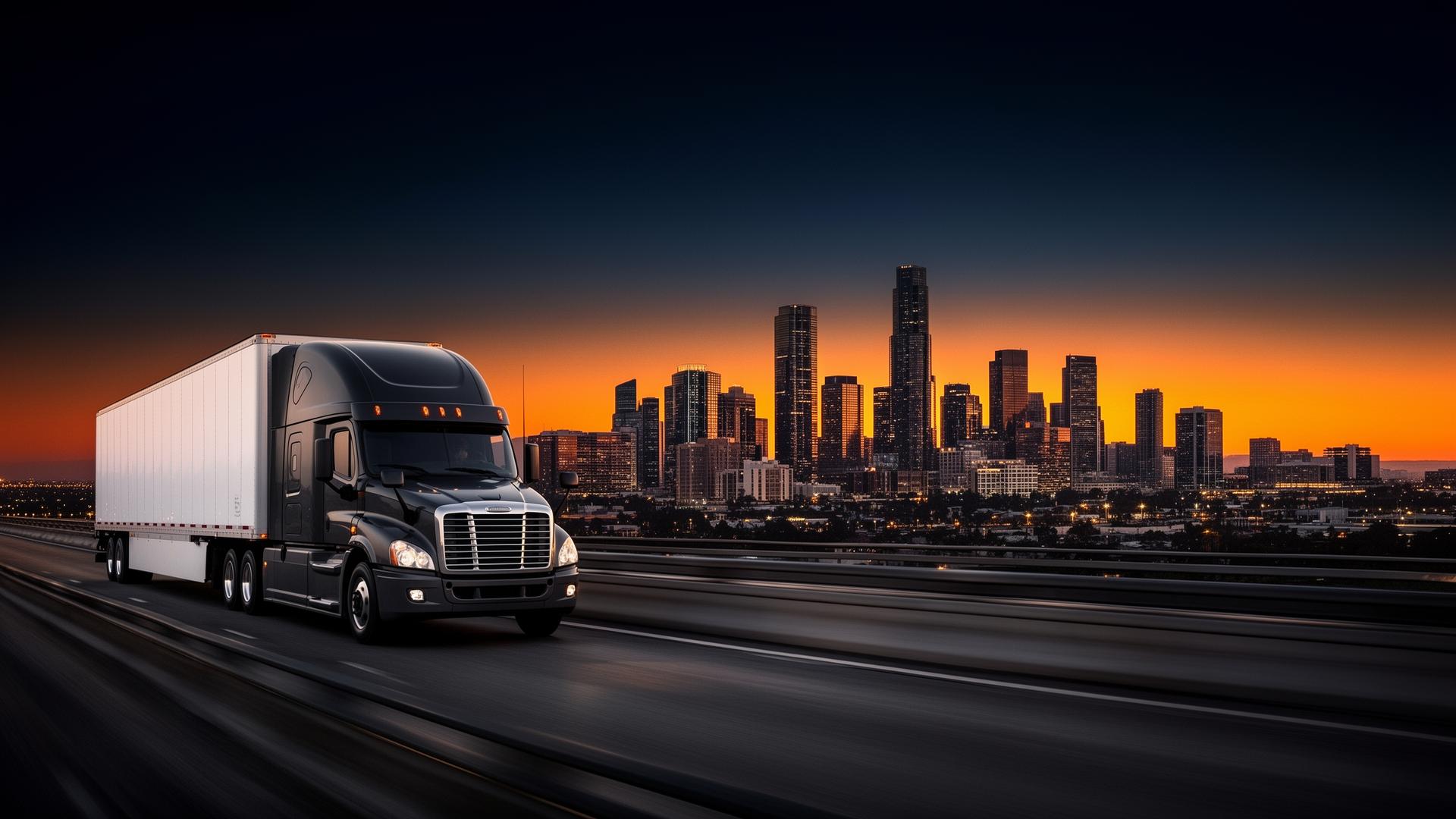 Freight truck on highway at sunset with city skyline